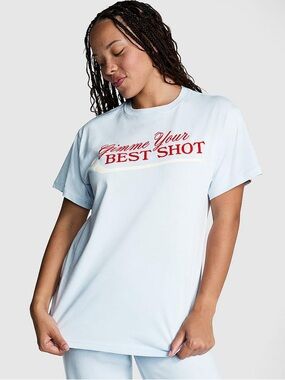 VS Pink Campus Cotton Tee - Gimme Your Best Shot/Hockey Print Baby Blue